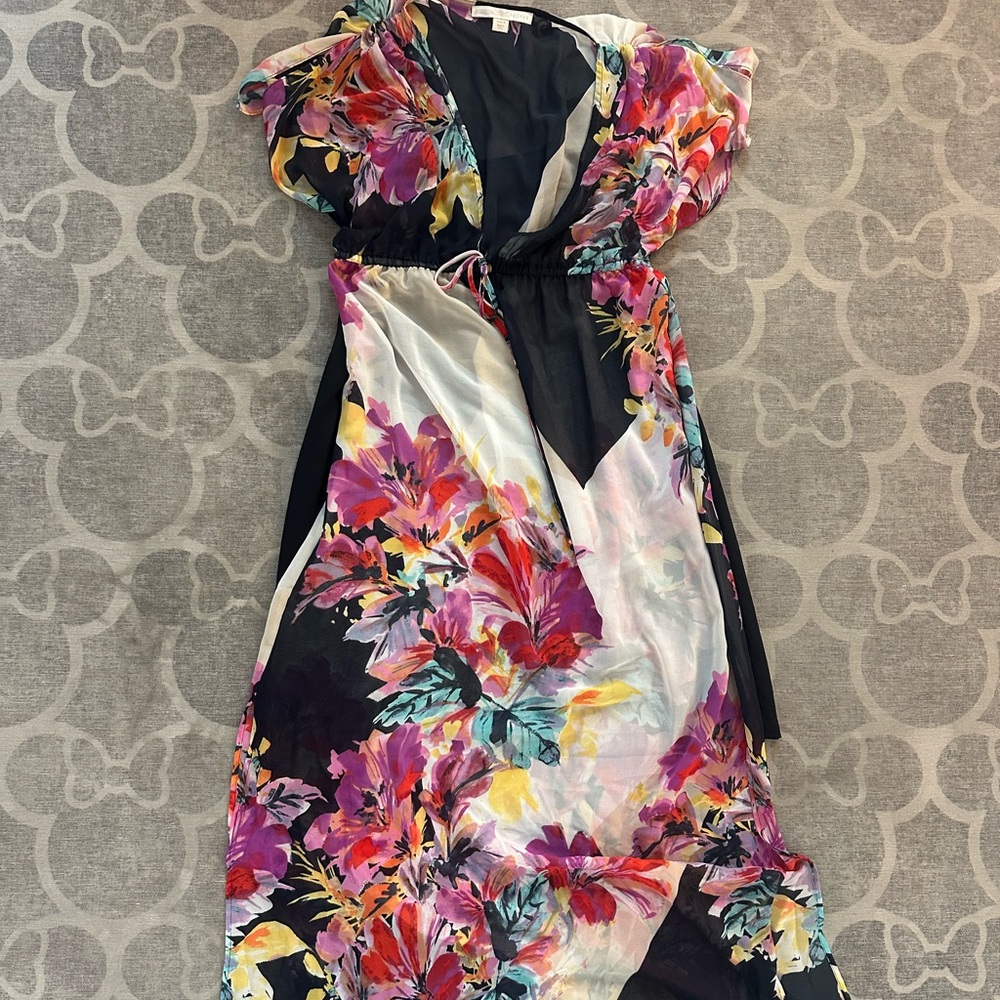 Boston Proper Maxi sheer Tropical Floral Maxi Dress w black slip